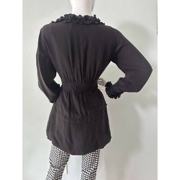 Black Ruffle Front Long Sleeve Silk Blouse Romantic Goth Tunic Top size Medium - Picture 3 of 7